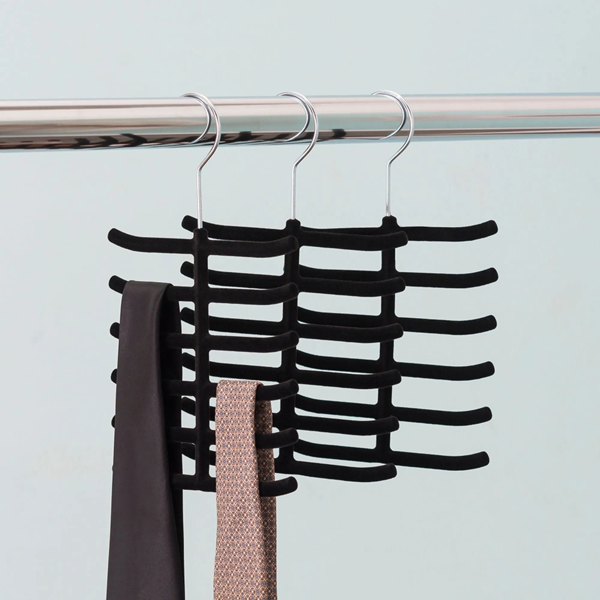 6 Tier Non-Slip Velvet Tie Hanger, Black