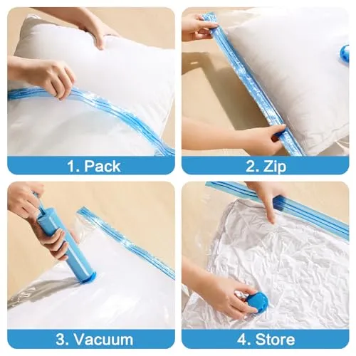 8 Pack Medium Vacuum Storage Bags, Space Saver Vacuum Bags For Travel, Vacuum Seal Bags For Clothing, Clothes, Pillows, Comforters, Blankets, Bedding And Luggage With Hand Pump