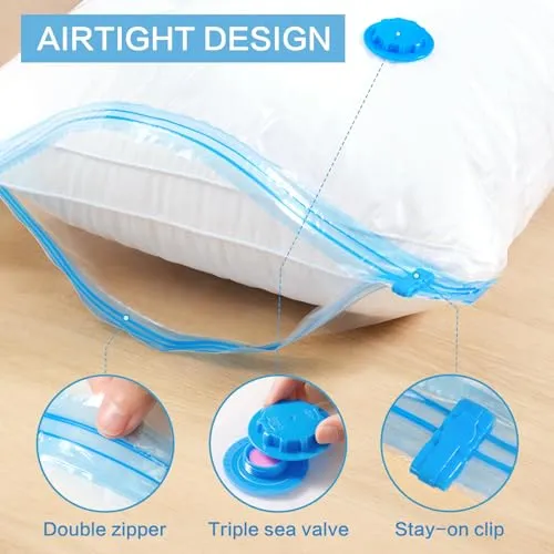 8 Pack Medium Vacuum Storage Bags, Space Saver Vacuum Bags For Travel, Vacuum Seal Bags For Clothing, Clothes, Pillows, Comforters, Blankets, Bedding And Luggage With Hand Pump