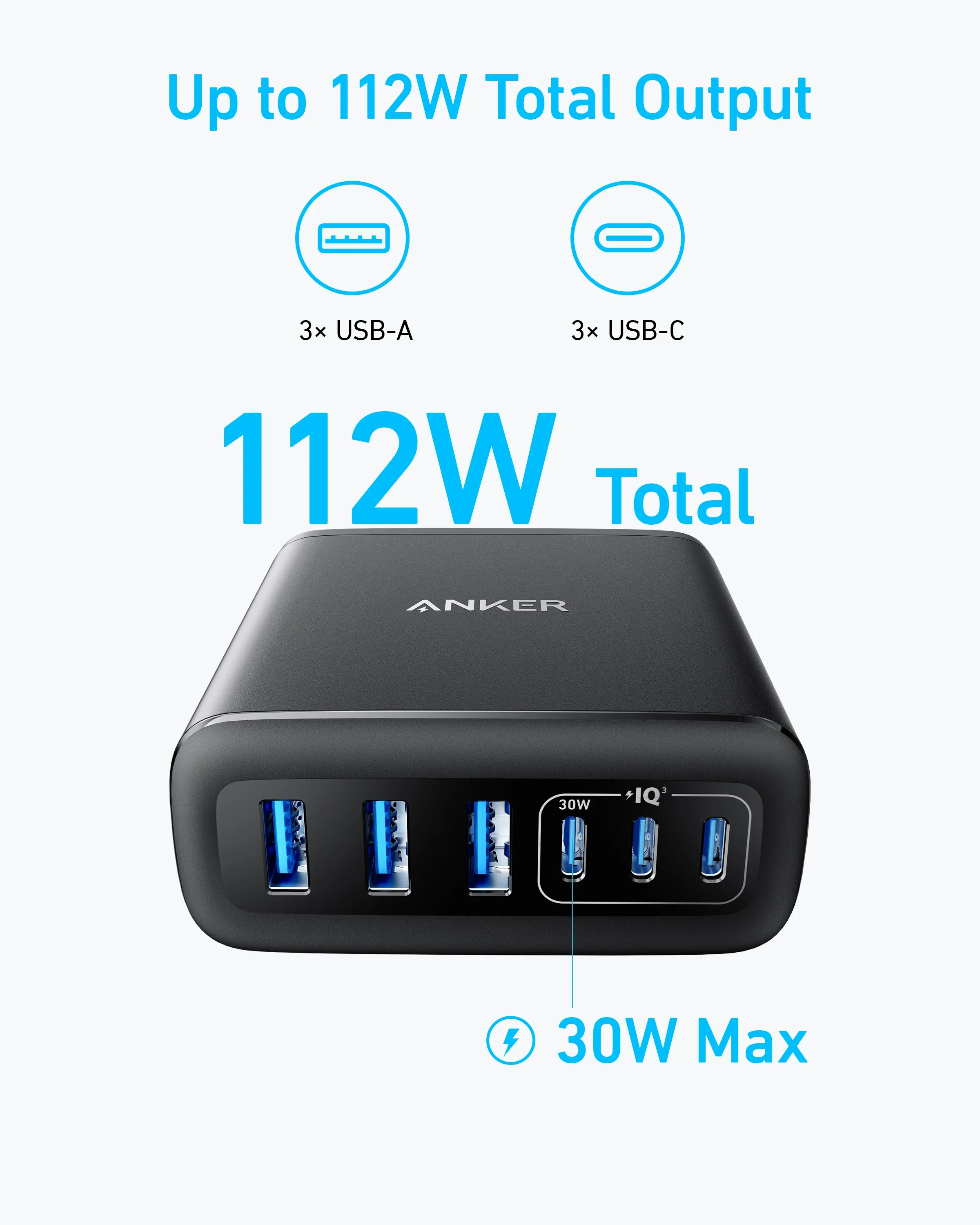 A2154K11 Anker Charger (112W, 6 Ports, GaN) - Black