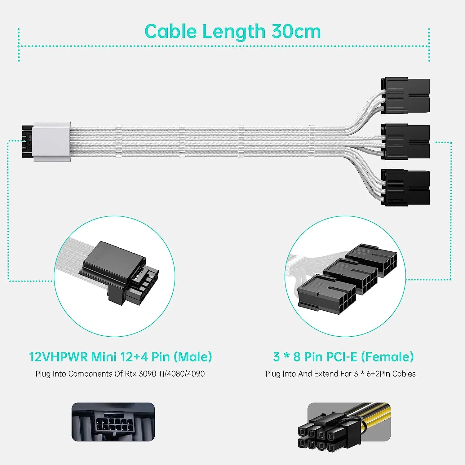 AsiaHorse 16AWG PCI-e 5.0 12VHPWR PSU Cable Extension 600W (White)