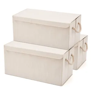 EZOWare Extra Large [3-Pack] Linen Fabric Foldable Storage Cubes Bin Box Containers with Lid and Handles - Beige  (24x12x12inch)