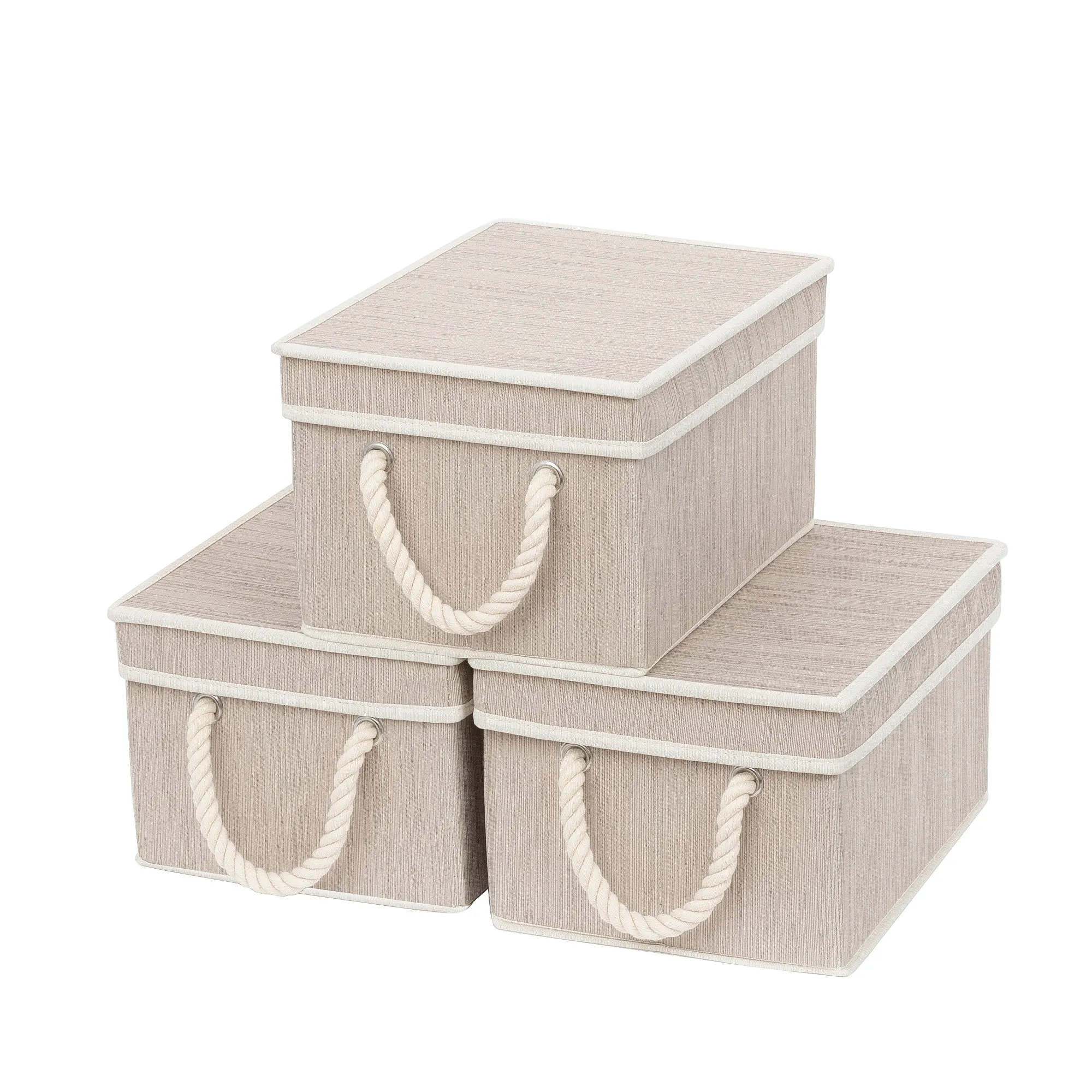 Fabric Storage Bins With Lids and Cotton Rope Handles, 3-pack