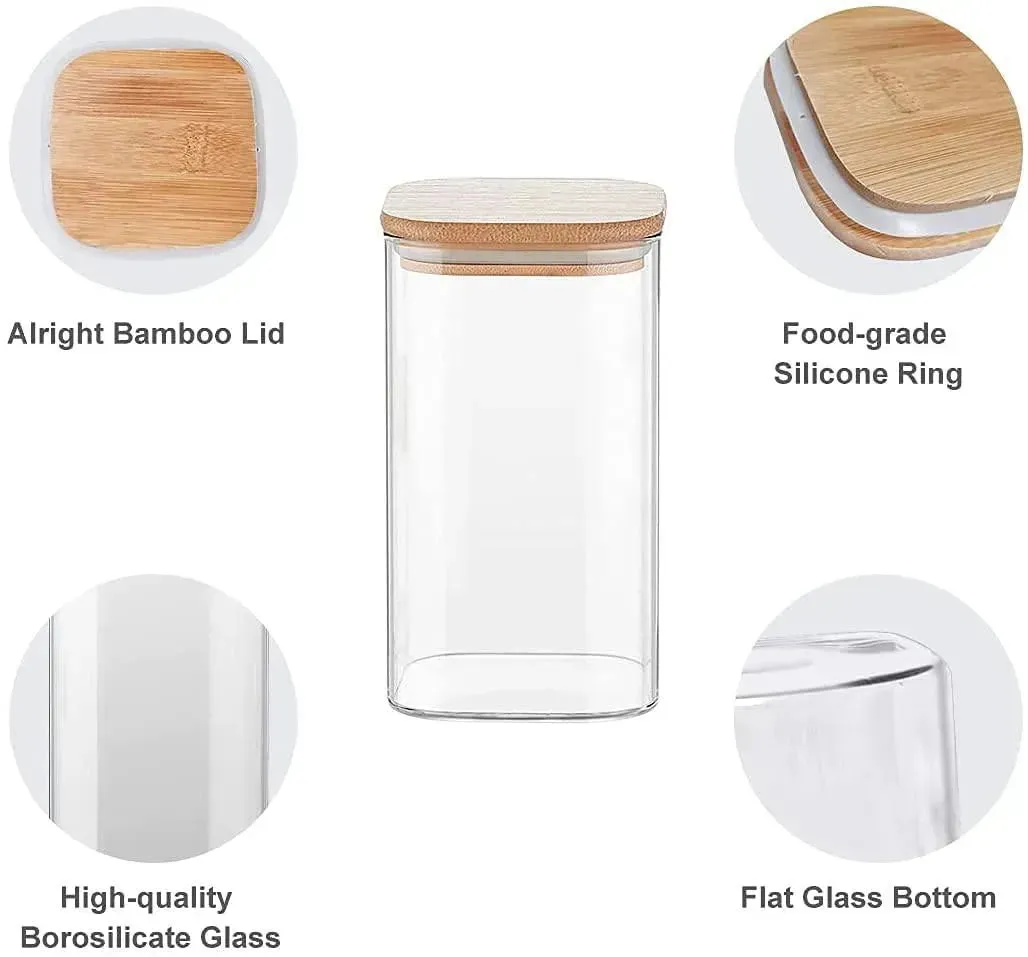 Glass Bamboo Jar with Air Tight Lid | 700 ml | Set of 4