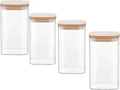 Glass Bamboo Jar with Air Tight Lid | 700 ml | Set of 4