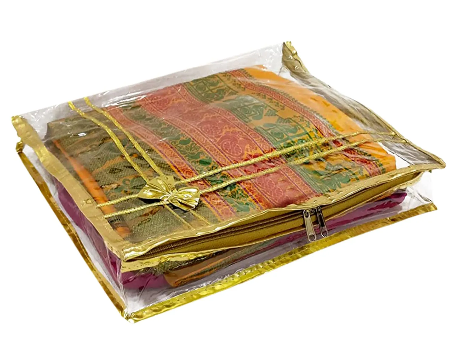 Heart Home Bow Design 3" inch Tranasparent PVC Foldable, Waterproof Saree Cover, Saree Organizer With Golden Border- Pack of 6 (Gold)-HS_38_HEARTH21555