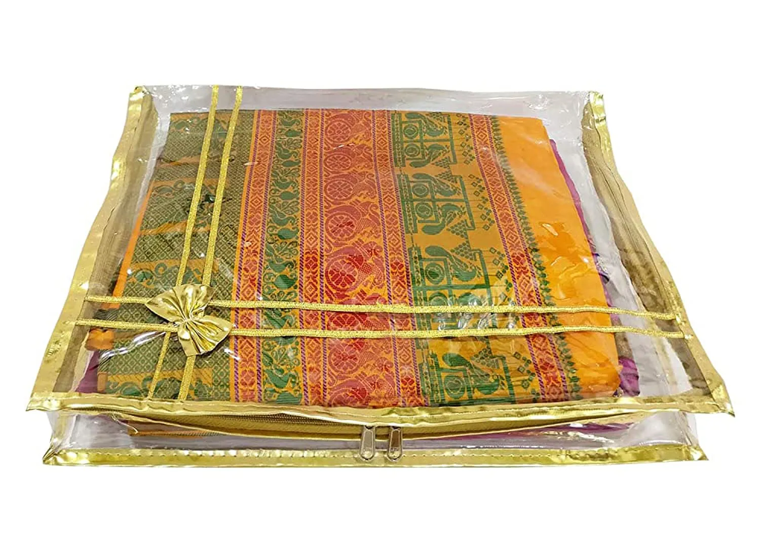 Heart Home Bow Design 3" inch Tranasparent PVC Foldable, Waterproof Saree Cover, Saree Organizer With Golden Border- Pack of 6 (Gold)-HS_38_HEARTH21555