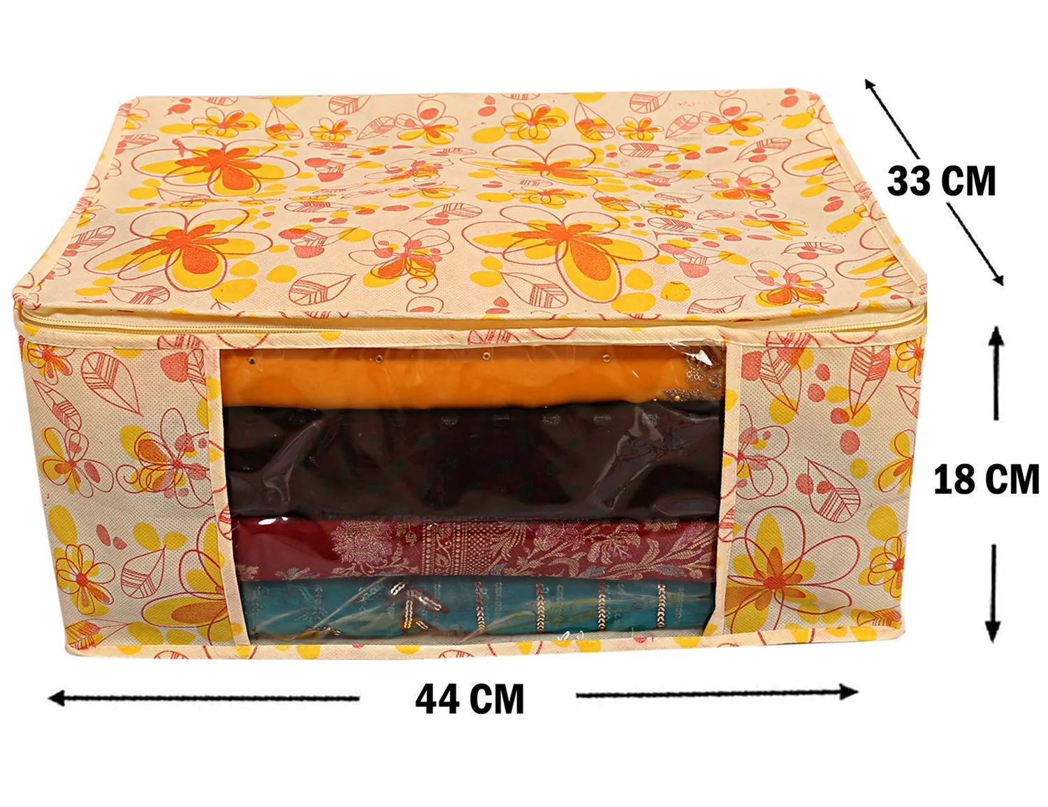 Heart Home Red Flower Non Woven Saree Cover|Transparent Window & Zipper Closure|Regular Cloth Bag|Wardrobe Organiser Set|Pack of 3 (Yellow)