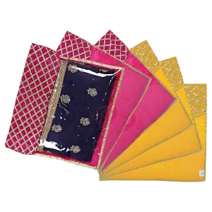 Heart Home Seamless lattice Design Satin Foldable, Lightweigth Single Saree Cover/Organiser For Wardrobe With Transparent Top- Pack of 6 (Pink & Yellow)-50HH01353