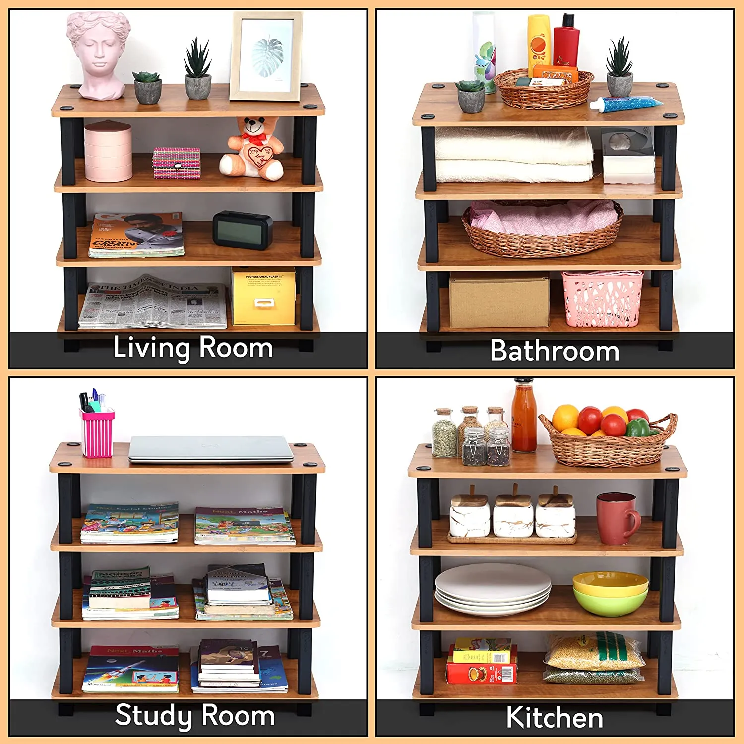 Kawachi Multipurpose Wooden Display Kitchen Storage Shelves Shoe Rack Organizer with Utility Storage Stand-Beige