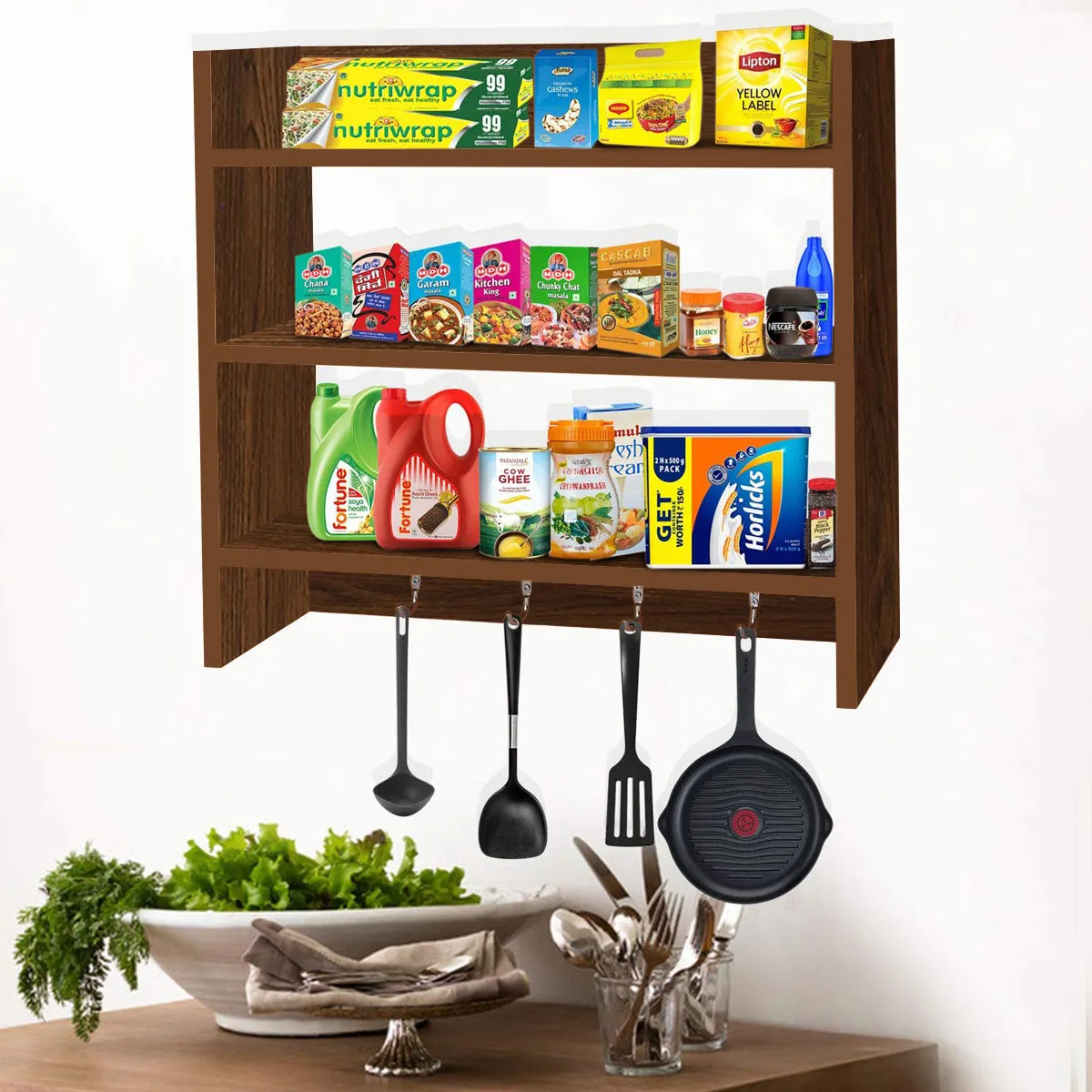 Kawachi Wooden Wall Mounted Kitchen 3 Shelves Storage Shelf Rack Organizer with Hook Brown