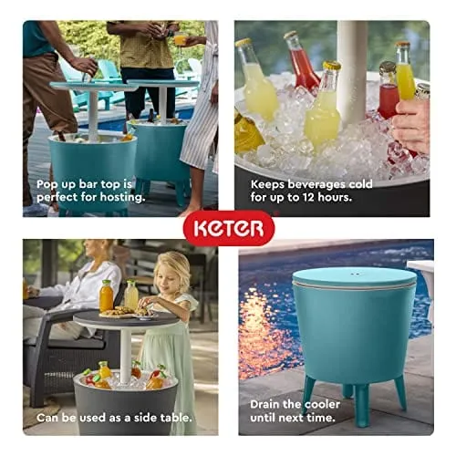 Keter Modern Cool Bar Outdoor Patio Furniture and Hot Tub Side Table with 7.5 Gallon Beer and Wine Cooler, Grey