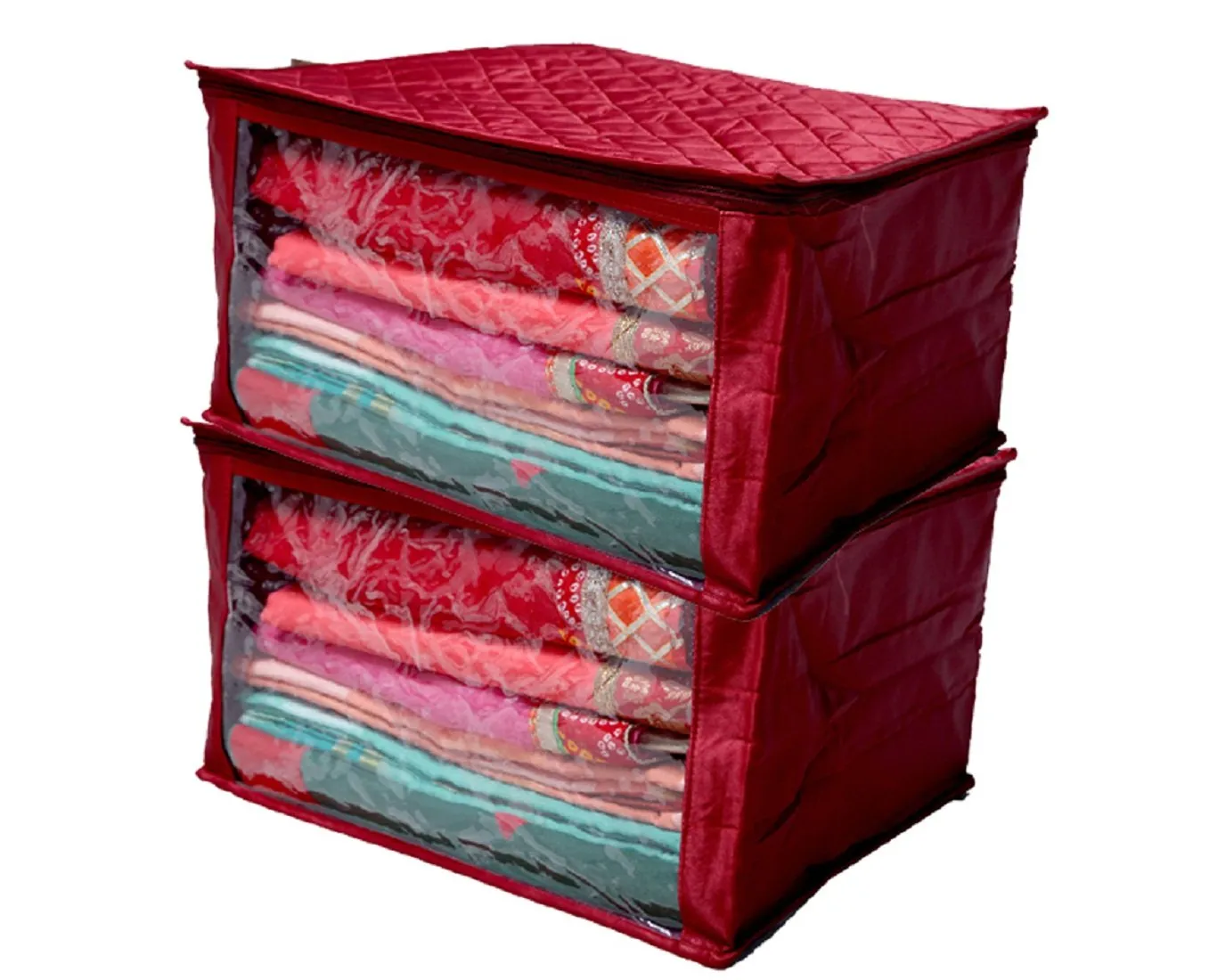 Kuber Industries 2 Piece Quilted Satin Saree Cover Set (Maroon)