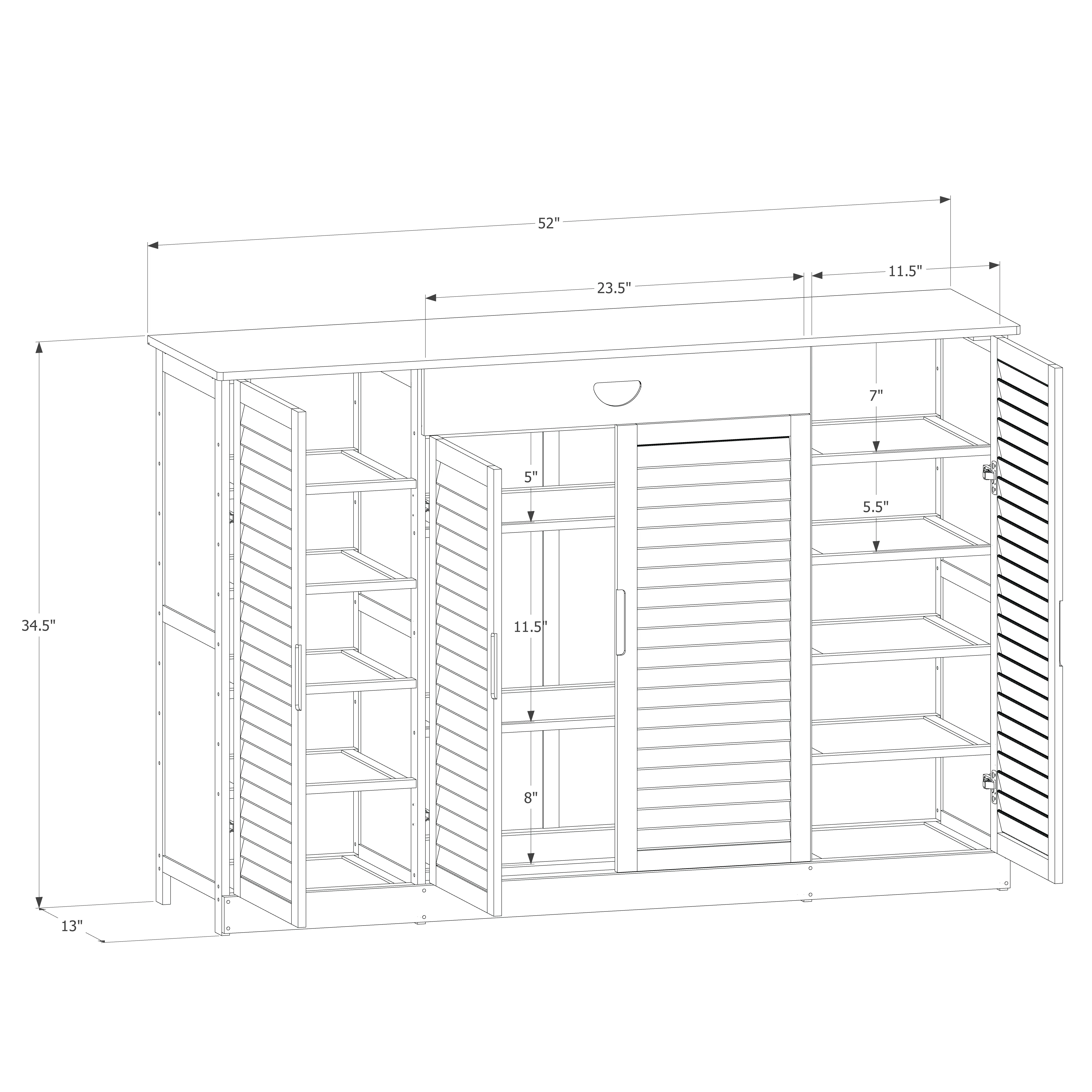 Louver Panel 4 Door Cabinet - with Center Drawer