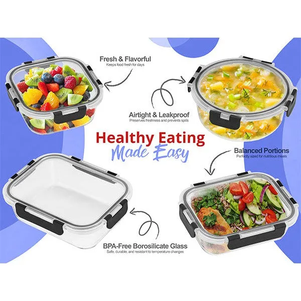 Rectangular Glass Meal Prep Containers Airtight Lids (Set of 10)