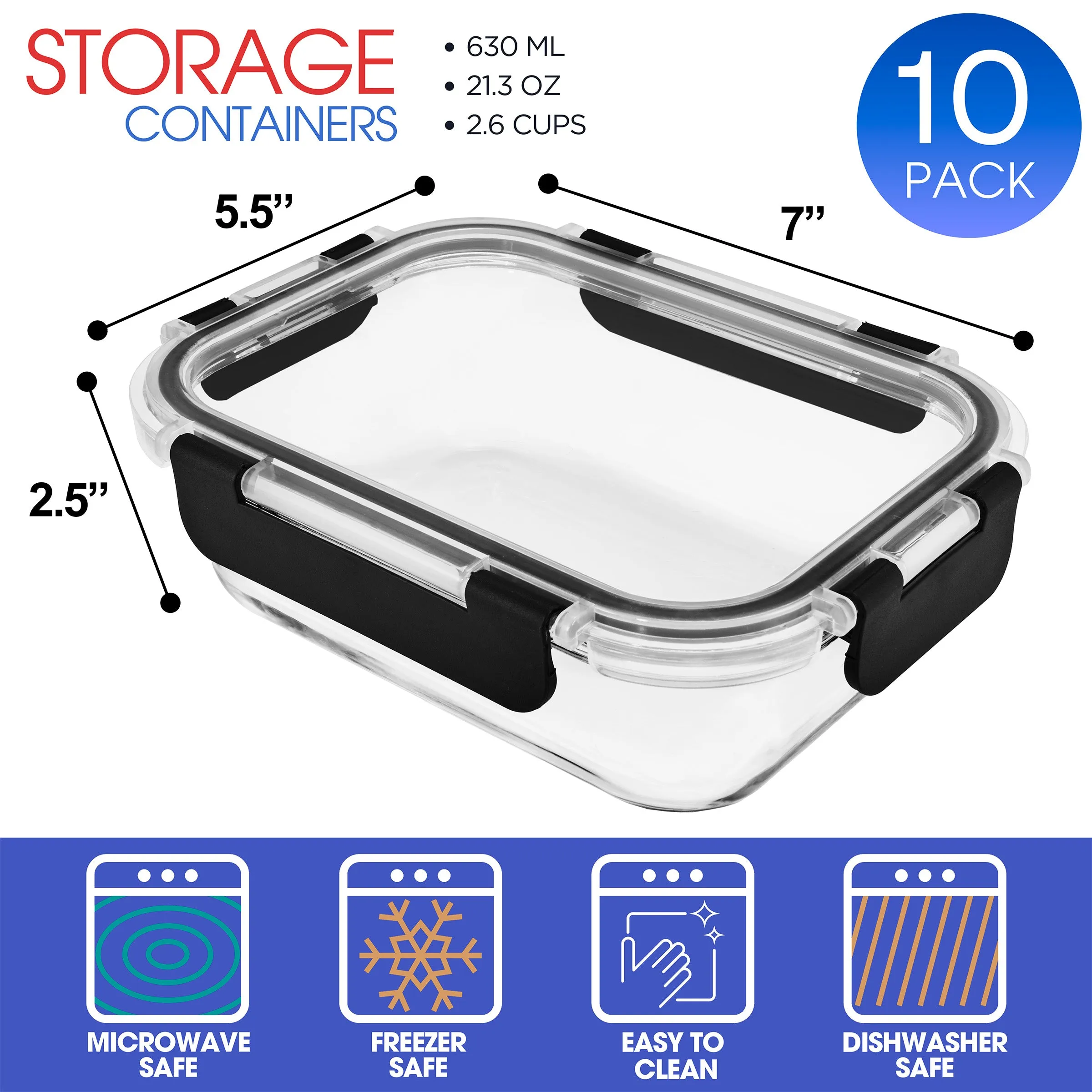 Rectangular Glass Meal Prep Containers Airtight Lids (Set of 10)