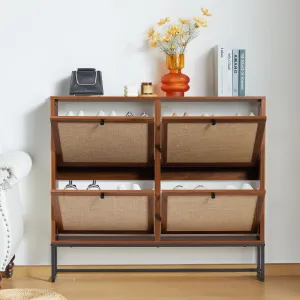 relaxed Shoe Cabinet with 4 Flip Drawers, Narrow Shoe Storage Cabinet for Entryway, Walnut