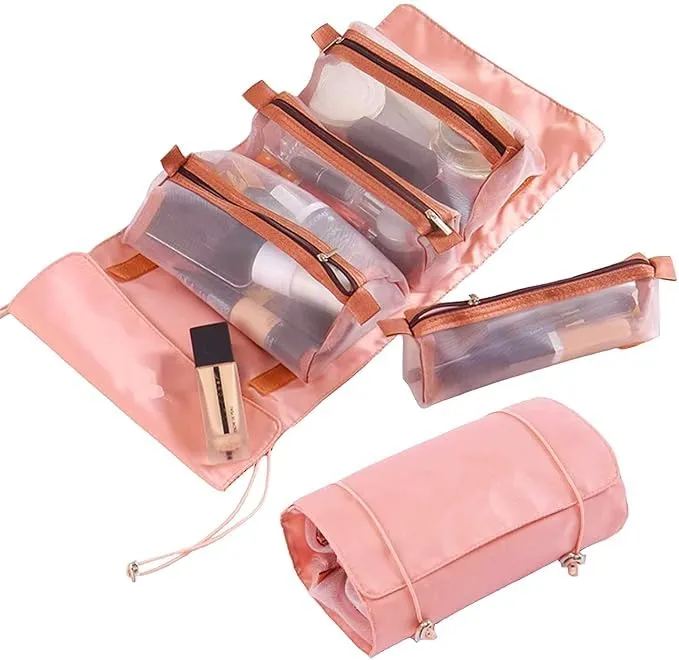 Roll Up Makeup Hanging Bag with 4 Detachable Compartments (Pink)