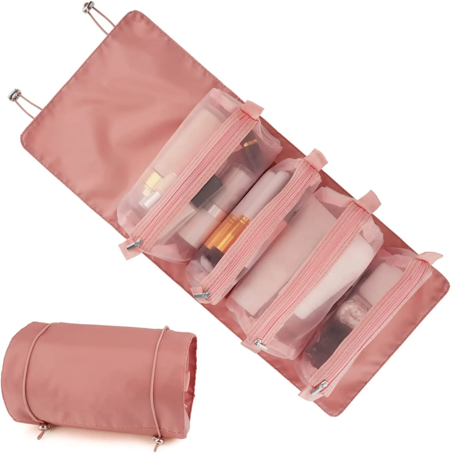 Roll Up Makeup Hanging Bag with 4 Detachable Compartments (Pink)