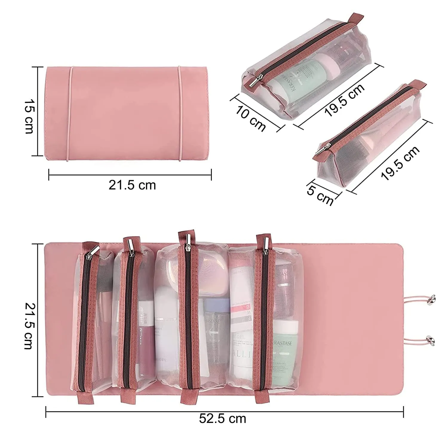 Roll Up Makeup Hanging Bag with 4 Detachable Compartments (Pink)