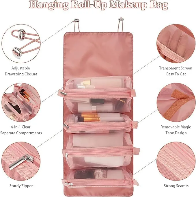 Roll Up Makeup Hanging Bag with 4 Detachable Compartments (Pink)