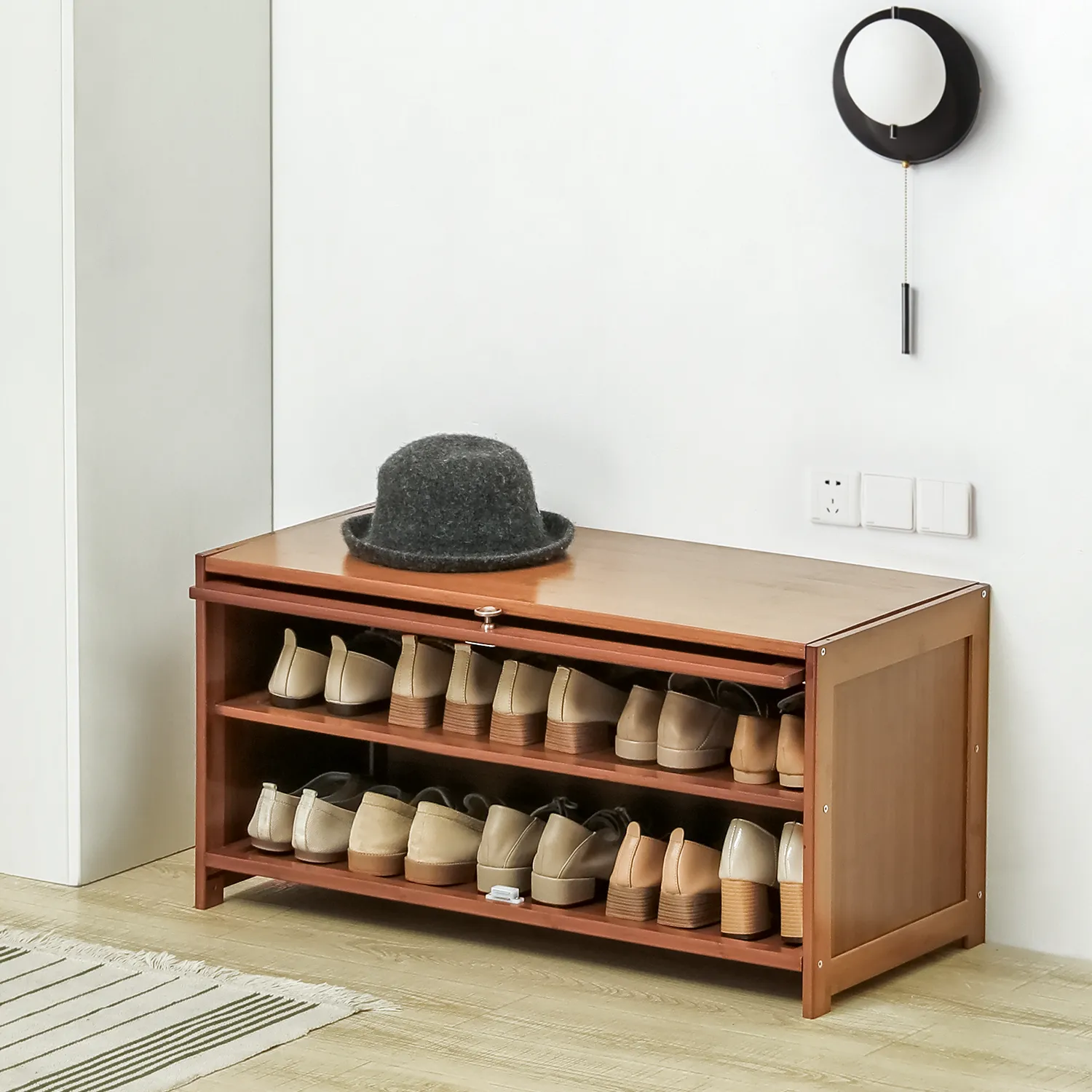 Slide Up Door Entryway Shoe Cabinet - 3 Tier - Brown