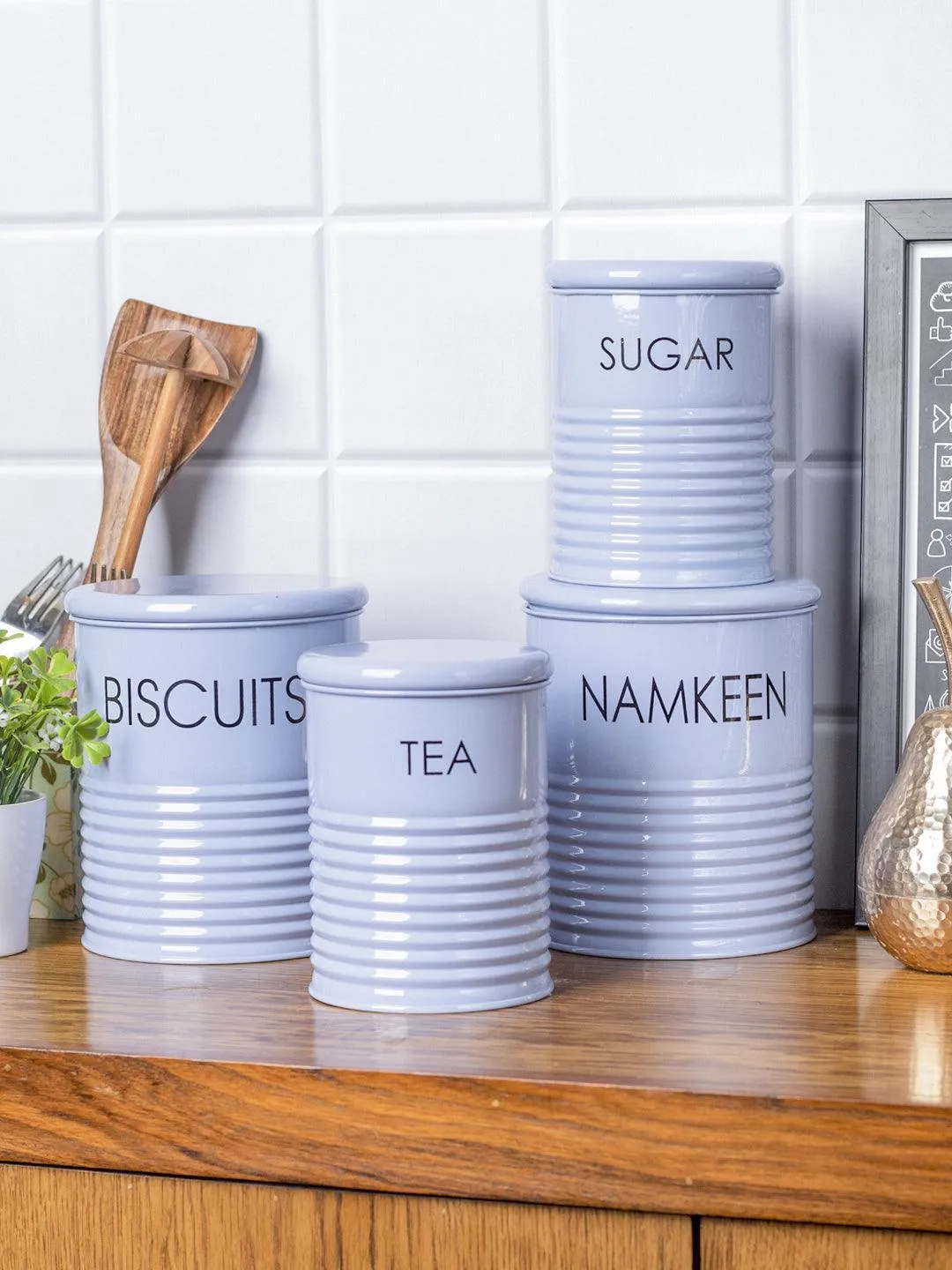 Tea & Sugar Jar (Each 900 Ml)    Biscuits & Namkeen Jar (Each 1700 Ml) - Light Blue, Set Of 4