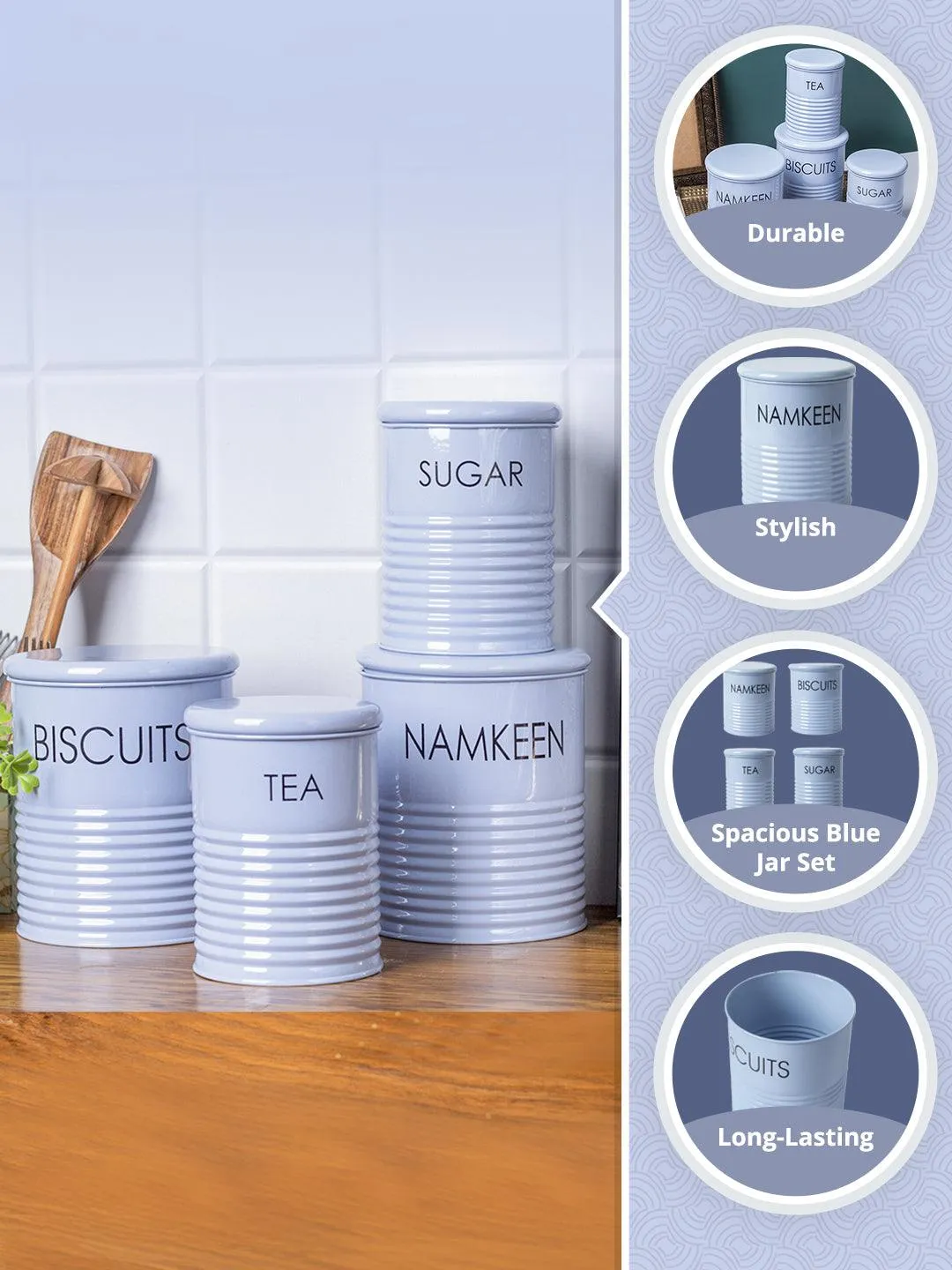 Tea & Sugar Jar (Each 900 Ml)    Biscuits & Namkeen Jar (Each 1700 Ml) - Light Blue, Set Of 4