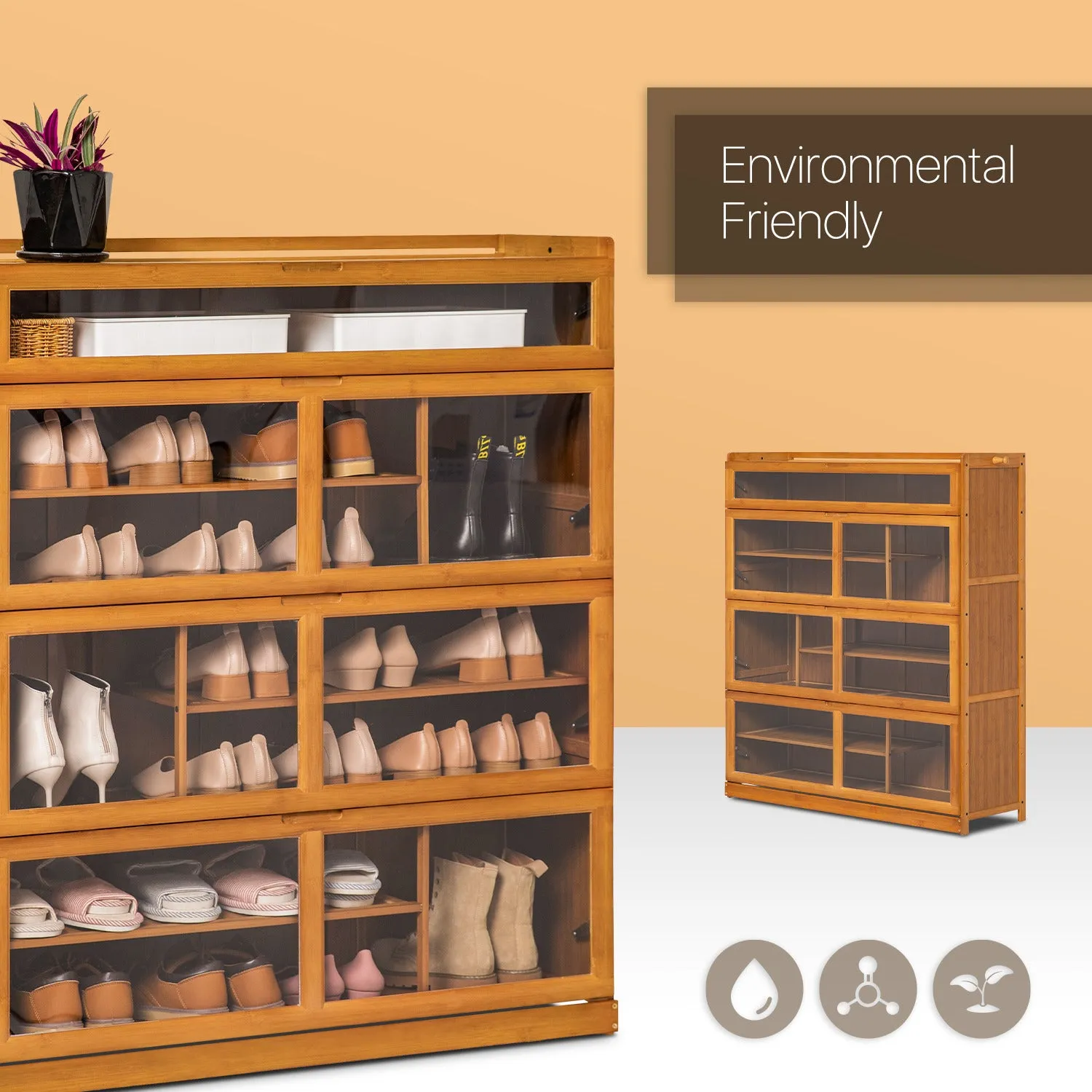 Visible Drop Down Door Shoe Organizer w/Boots Compartments - Bamboo/Acrylic - Brown