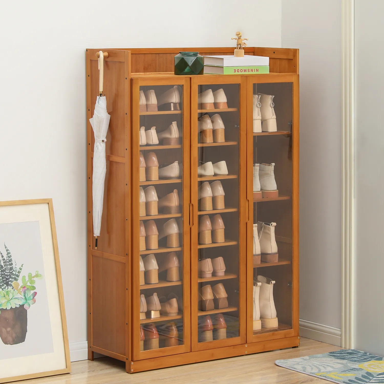 Visible Three-Doors Roofless Shoe Organizer w/Boots Compartments - Bamboo/Acrylic - Brown